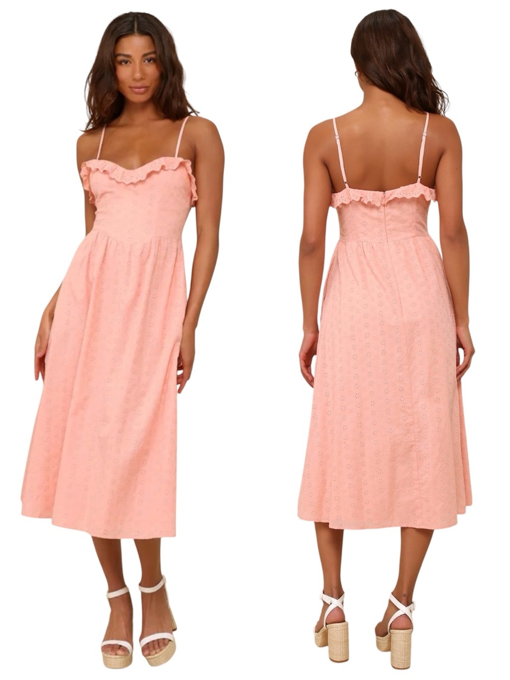 Lulus | Lovely Weather Embroidered Bustier Midi Sun Dress Peach Pink Size XS